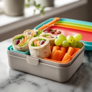 Healthy school lunch with wraps, fruit, and veggies in a bento box