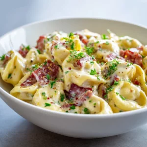 Creamy tortellini carbonara with turkey bacon and peas in a skillet.