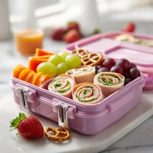Bright Bentgo kids lunchbox packed with wraps, fruits, and veggies, colorful and healthy. Caption: Easy bento box kids lunch idea packed with fun variety.