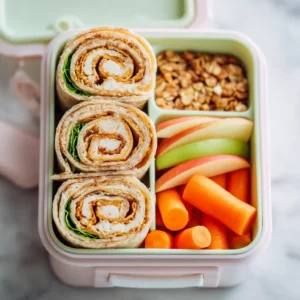 Bright lunchbox with chicken wrap pinwheels, carrots, and apples for kids.