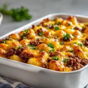 Golden cheesy hobo casserole layered with ground beef and potatoes.