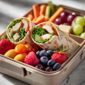 Kid-friendly school lunch box filled with wraps, fruit, and cheese.