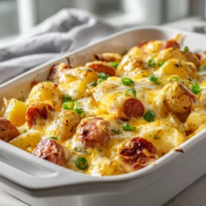 Cheesy ranch potatoes with smoked sausage in a creamy casserole dish, topped with golden melted cheese.