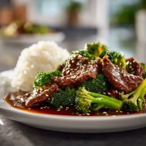 Chinese beef and broccoli with extra vegetables like bell peppers and mushrooms.