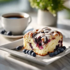 Fluffy huckleberry coffee cake with cream cheese filling and golden crust