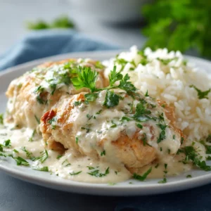 Creamy chicken and rice topped with melted cheddar cheese and fresh parsley