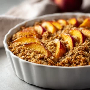 Golden peach crisp with vanilla ice cream served in a white bowl.