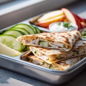 Kid-friendly quesadilla with veggies and apple slices in a bento box.