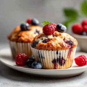 Fluffy wild berry muffins with huckleberries and mulberries on a breakfast table.