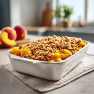 Fresh peach crisp with oats and brown sugar served warm with vanilla ice cream
