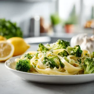 Light broccoli pasta with garlic and olive oil, garnished with parmesan and lemon zest.