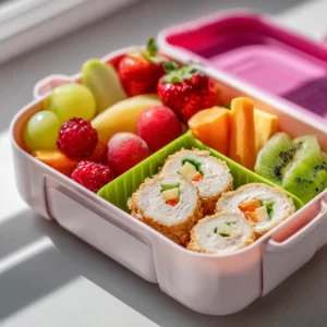 Healthy school lunchbox with wraps, fresh fruits, and yogurt for kids.