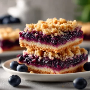 Juicy huckleberry dessert bars cooling on a tray, golden brown topping with bright berry filling.
