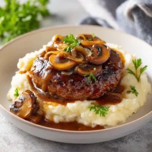 Juicy Salisbury steak patties covered in mushroom gravy with rice.