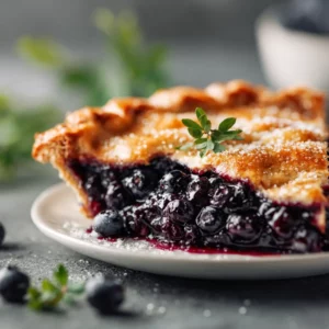 Juicy wild berry huckleberry pie slice with golden flaky crust.