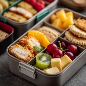 Kid bento lunch with chicken, cheese, and colorful fruit neatly packed