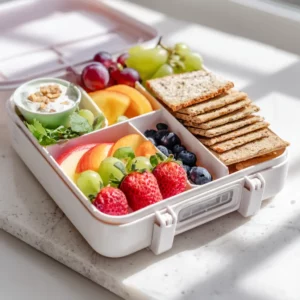 Fun and healthy bento lunch with fruit, veggies, sandwich, and crackers for kids.