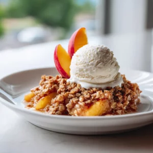 Fresh peach crisp with golden oatmeal topping, baked in a white dish.