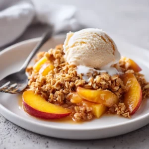 Fresh peach crisp with juicy peaches and golden oat topping in a white baking dish.