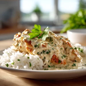 Creamy smothered chicken with rice and fresh parsley garnish.