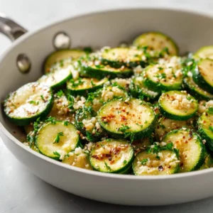 Golden sautéed zucchini with garlic and parmesan in a modern pan.