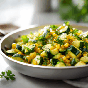 Golden sautéed zucchini with sweet corn kernels, fresh herbs on top, perfect summer side dish