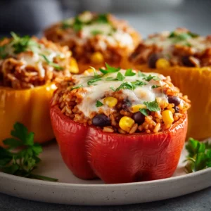 Healthy stuffed bell peppers with rice and beans, topped with cheese and herbs.