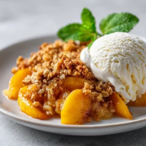 Warm baked peach crisp with golden crumble served hot with ice cream.