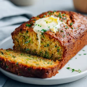 Moist zucchini bread slices with walnuts and butter, golden crust, bakery-style.