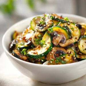 Golden stir fry zucchini and mushrooms in glossy soy sauce glaze.