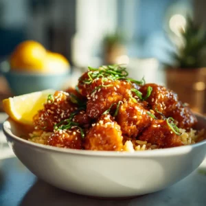 Orange chicken served with fried rice in a white bowl with sesame seeds.