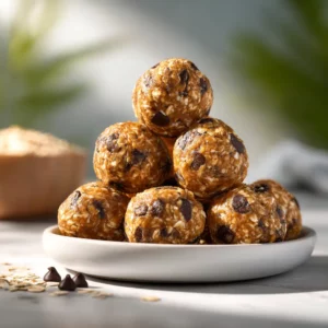 Peanut butter banana energy bites stacked neatly with oats and banana slices.