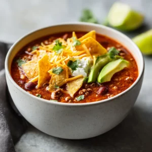 Taco soup made with ground chicken, beans, and tomatoes, garnished with tortilla chips.