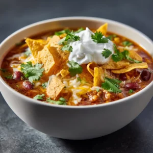 Baked taco soup casserole with melted cheese topping, golden and bubbly in a white baking dish.