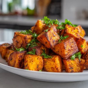 Golden roasted sweet potato cubes with smoky spices and herbs.