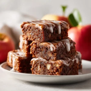 Apple brownies topped with glaze and crunchy pecans for a nutty holiday twist.