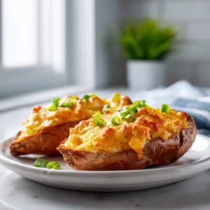 Twice-baked sweet potatoes with cheese and herbs on a white dish.