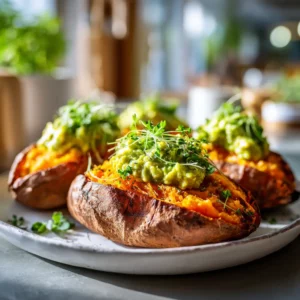 Baked sweet potatoes with cinnamon and honey drizzle on white plate.