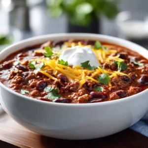 A bowl of mild chili perfect for kids, topped with cheese and tortilla chips.