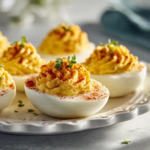 Spicy deviled eggs topped with paprika and herbs on a white serving tray.