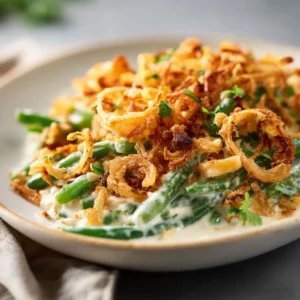 Creamy green bean casserole baked with golden crispy onions on top