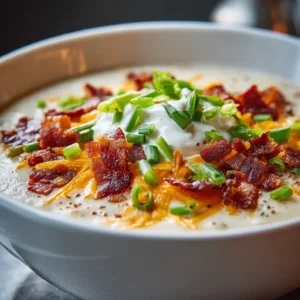 Cheesy potato soup with beef bacon and green onions in a creamy broth.