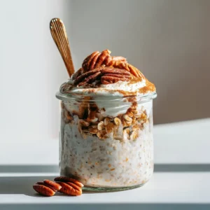 Vegan steel cut cinnamon roll overnight oats with pecans and yogurt swirl.