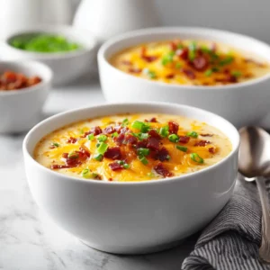 Bowl of potato soup with cheddar cheese and beef bacon garnish on top