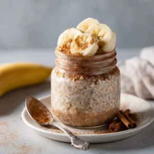 Brown sugar overnight oats with cinnamon and banana slices in a glass jar.