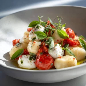 Gnocchi with tomato basil sauce topped with burrata.
