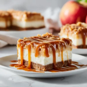 A close-up of caramel apple cheesecake bars topped with spiced apples and crumble.