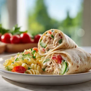 Cold chicken wrap with pasta salad and cucumbers on a chilled plate