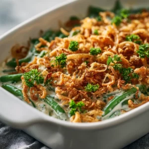 Ultra-creamy green bean casserole with melted mozzarella cheese topping.