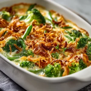 Close-up of broccoli and green bean casserole topped with golden crispy onions and melted cheese